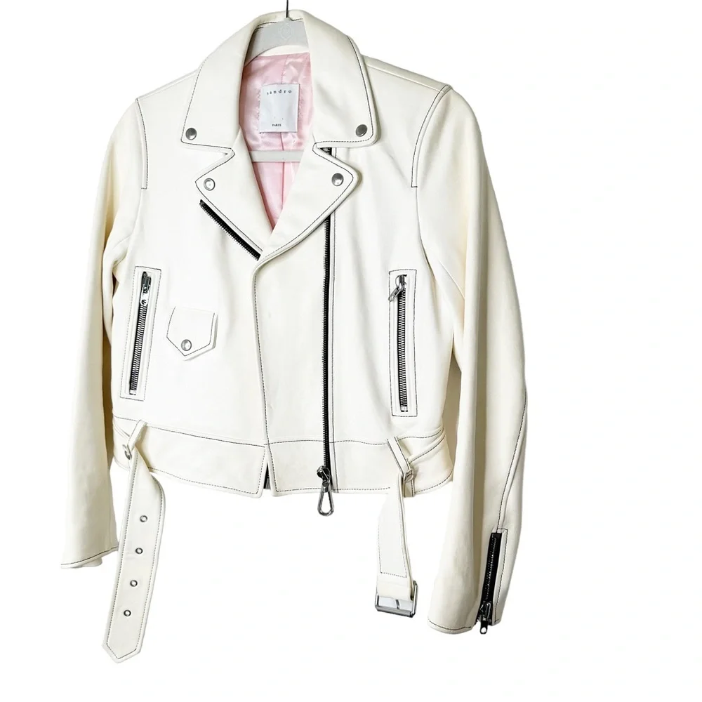 Sandro Edwin White Sheep Leather Cropped Motorcycle Jacket A1A Moto Size Small/6 - Picture 14 of 15